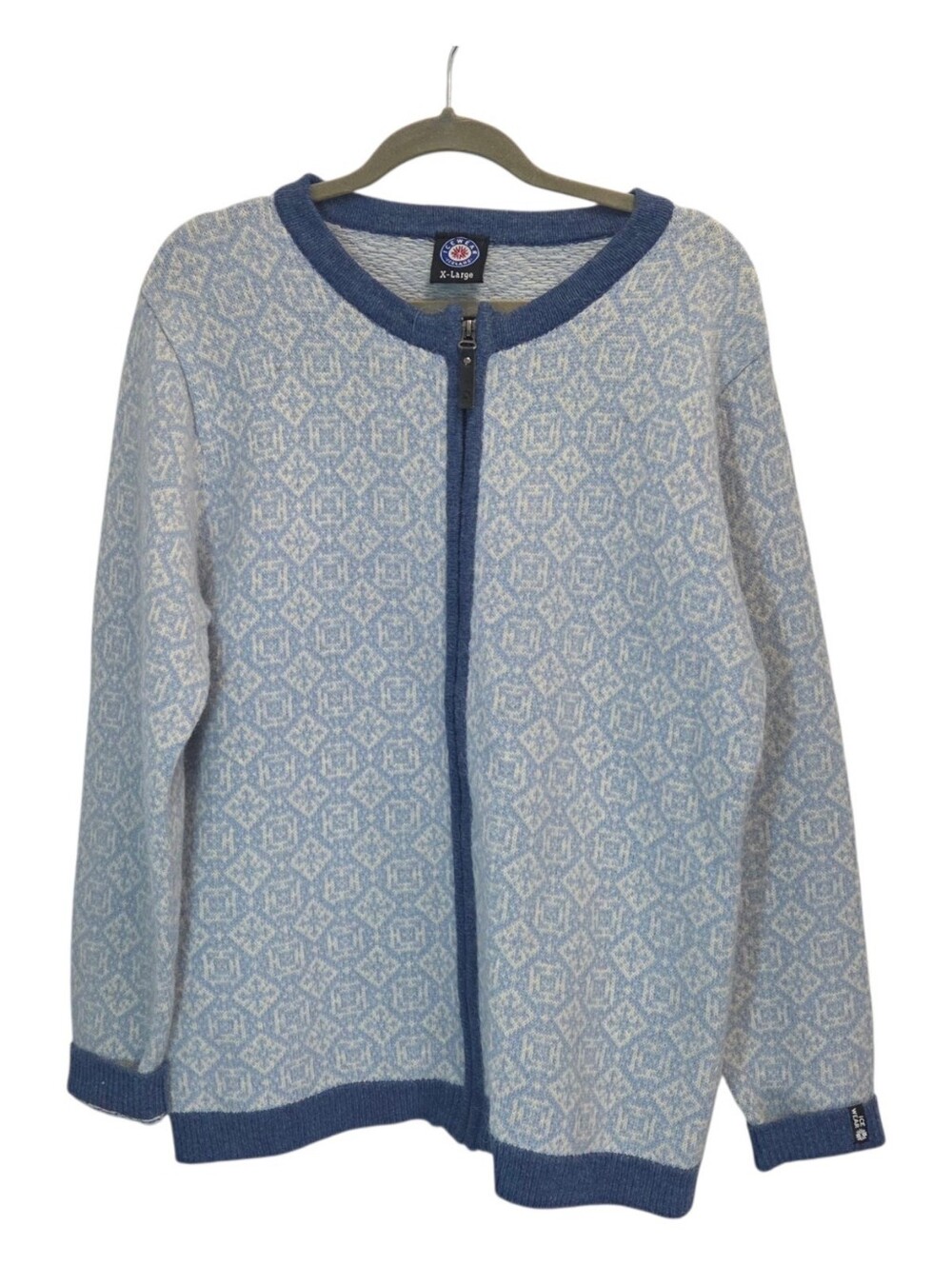 Icewear Wool Angora Fair Isle Nordic Zipper Cardigan Blue Cream Women Size XL